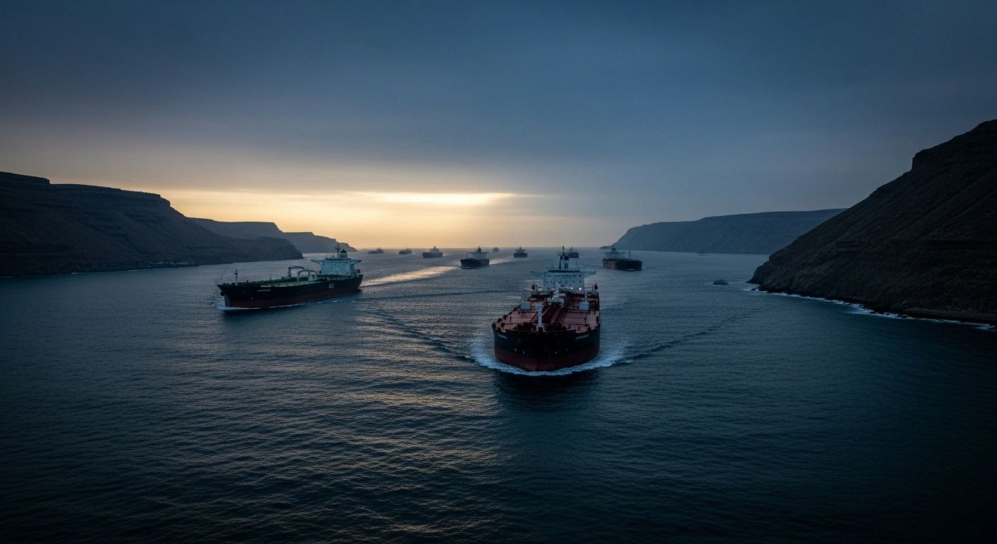 Large oil tankers navigate the Strait of Hormuz during twilight as indirect diplomatic negotiations between the United States and Iran continue.
