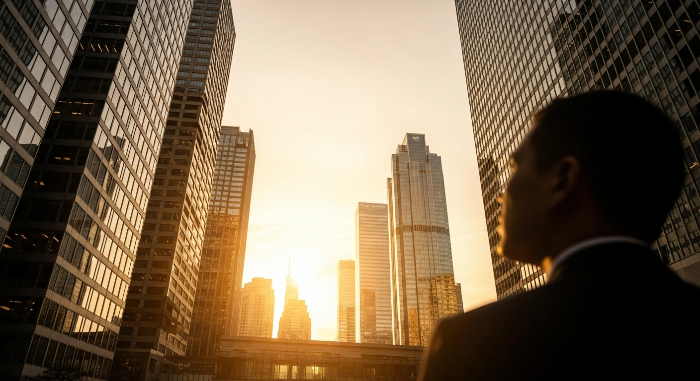 A modern financial district skyline glows under a warm sunset as investors react to positive diplomatic news between the United States and Iran.