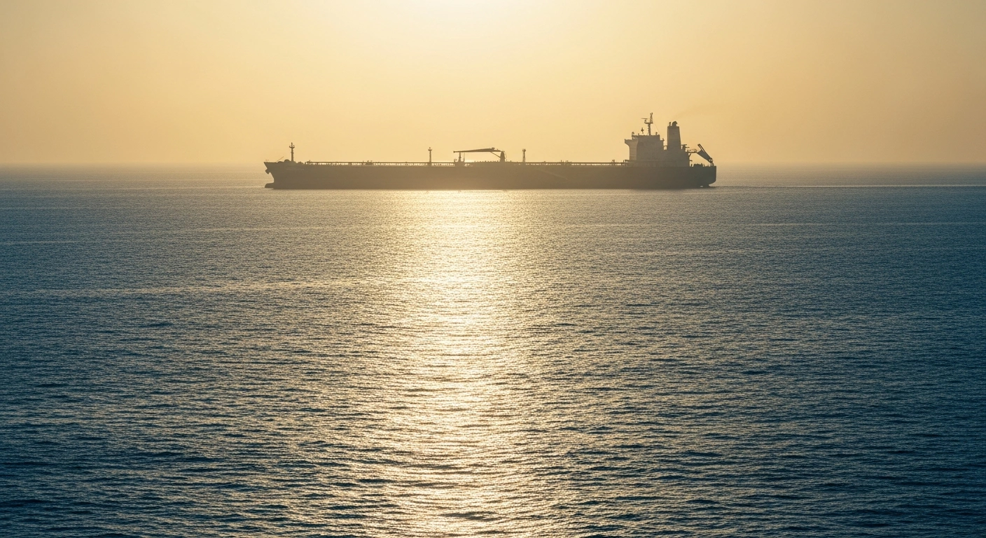A large oil tanker sails through the Strait of Hormuz during a sunset as the United States and Iran prepare for diplomatic talks in Qatar to reduce regional tensions.