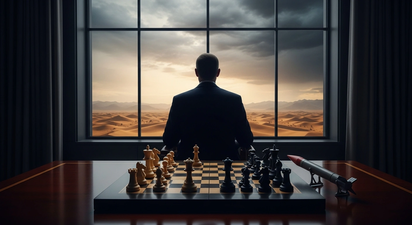 A silhouette of a leader in a dimly lit office gazes at a desert landscape, with a chess board and a miniature missile on a desk, symbolizing the tense US-Iran geopolitical standoff, balancing diplomatic negotiations against potential military action over nuclear talks.