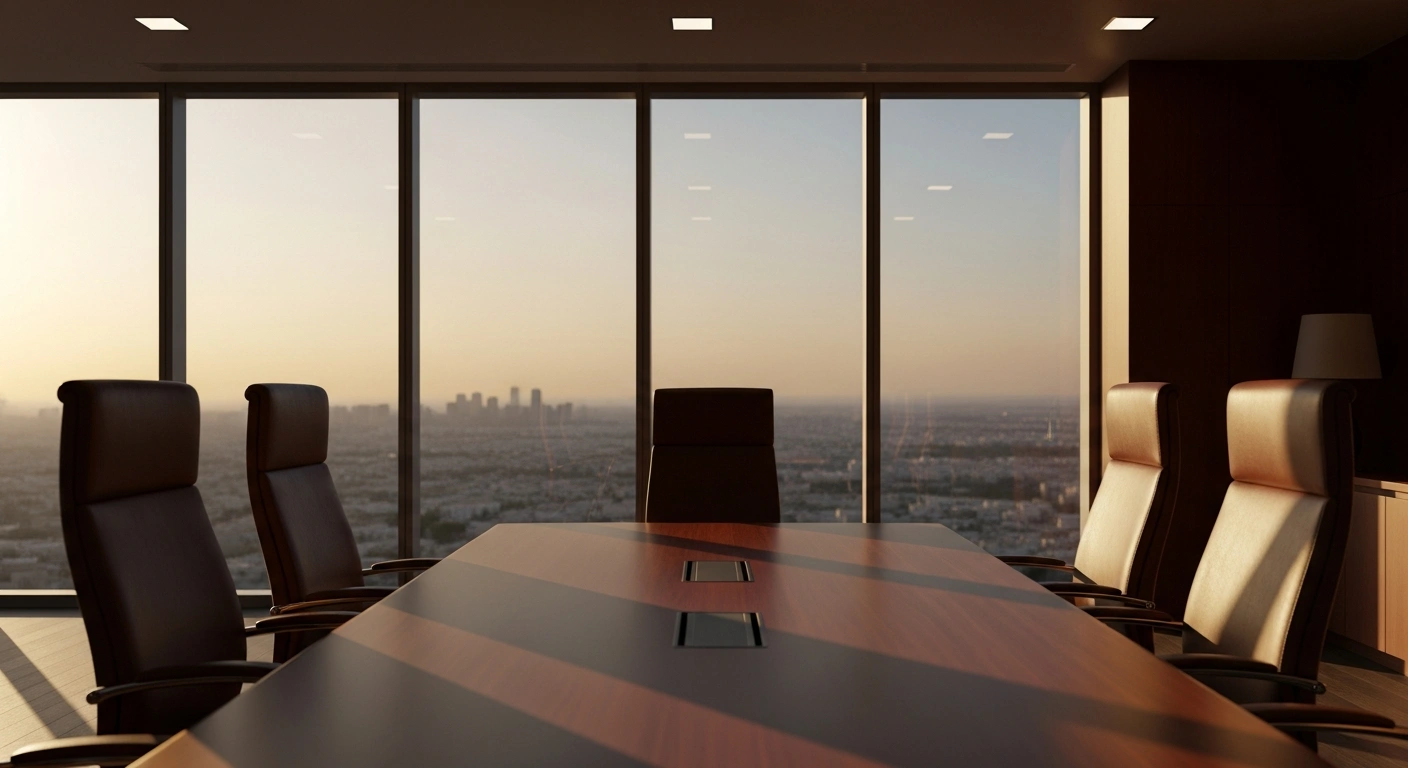 Two empty chairs sit across from each other in a modern boardroom overlooking a Middle Eastern city, representing the potential for diplomatic agreement between the United States and Iran.