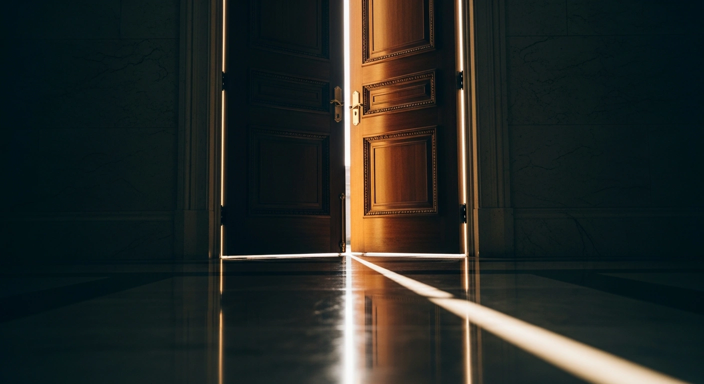 Two heavy wooden doors stand slightly open in a quiet hallway, symbolizing ongoing diplomatic discussions between the United States and Iran to reduce regional tensions.