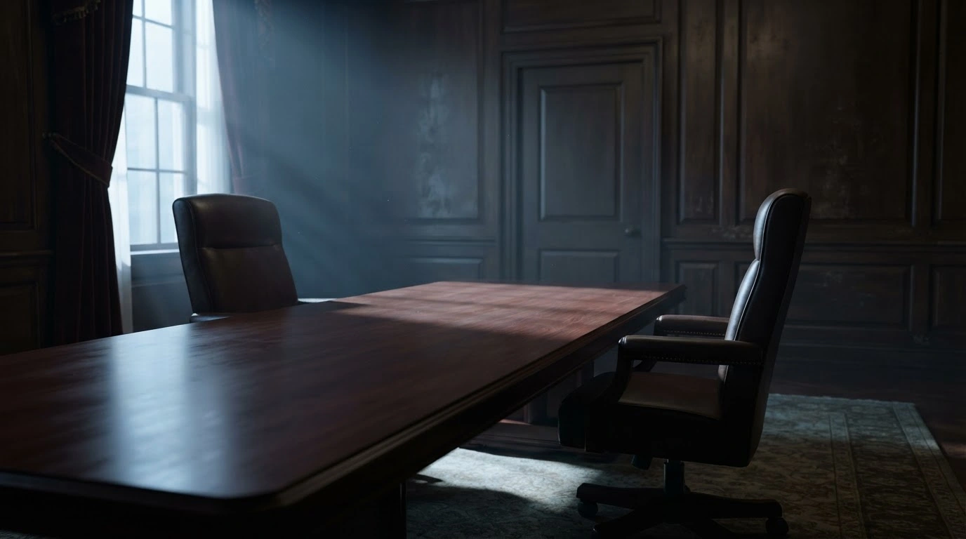 Two empty chairs face each other across a table in a quiet conference room, representing indirect diplomatic discussions between U.S. and Iranian officials at the United Nations General Assembly.