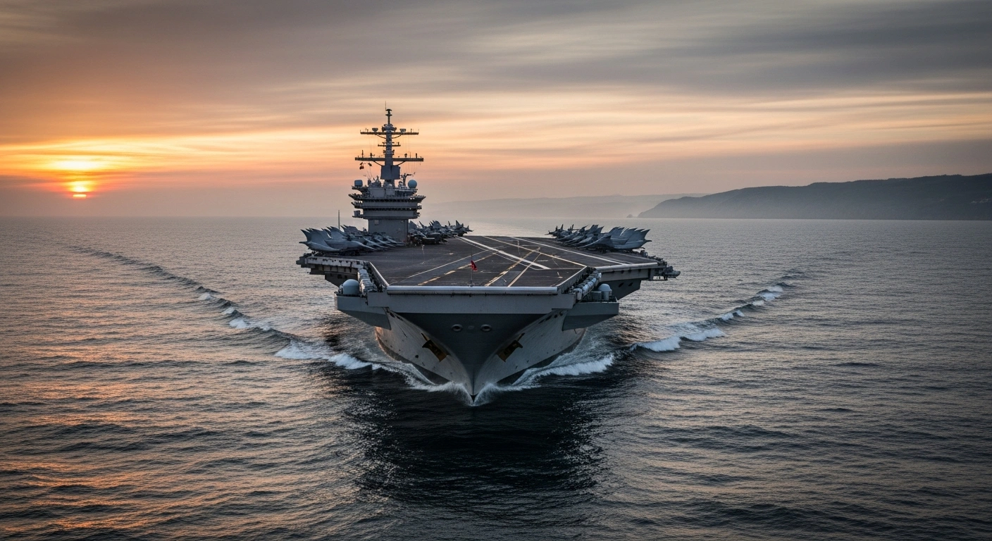 A massive US aircraft carrier, reminiscent of the USS Abraham Lincoln, sails through turbulent waters at twilight, with a distant, hazy coastline in the background, symbolizing the escalating tensions between the US and Iran in the Gulf region following a fleet deployment.