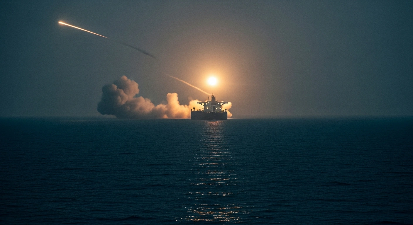 A large oil tanker sails through the dark waters of the Persian Gulf as a missile streak appears in the distance during a period of heightened US-Iran tensions.