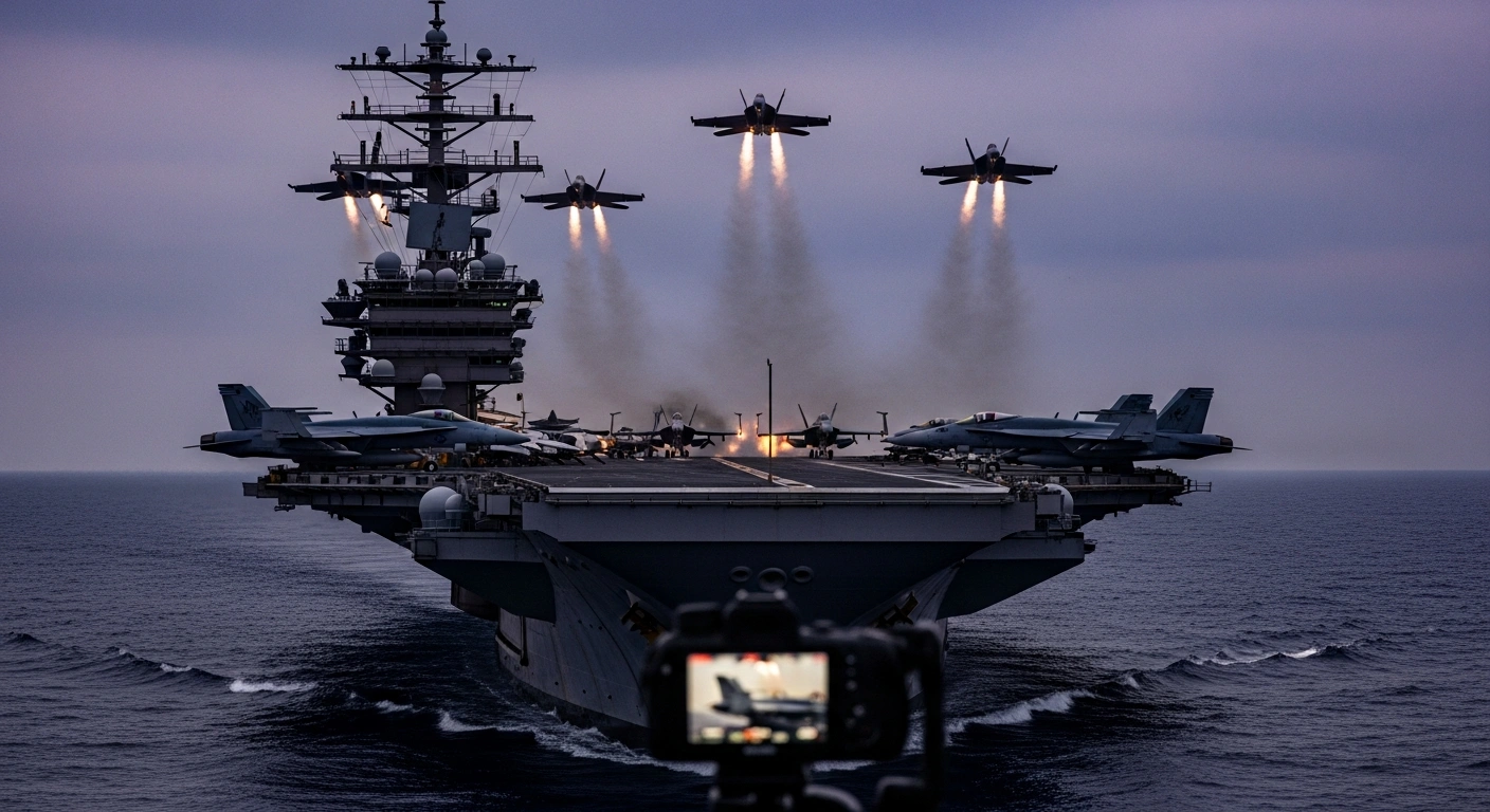 A low-angle, wide shot at twilight shows a United States supercarrier with F-18 fighter jets launching from its flight deck, their afterburners glowing, against a brooding, purple-hued sky, symbolizing a significant military buildup and potential conflict near Iran.