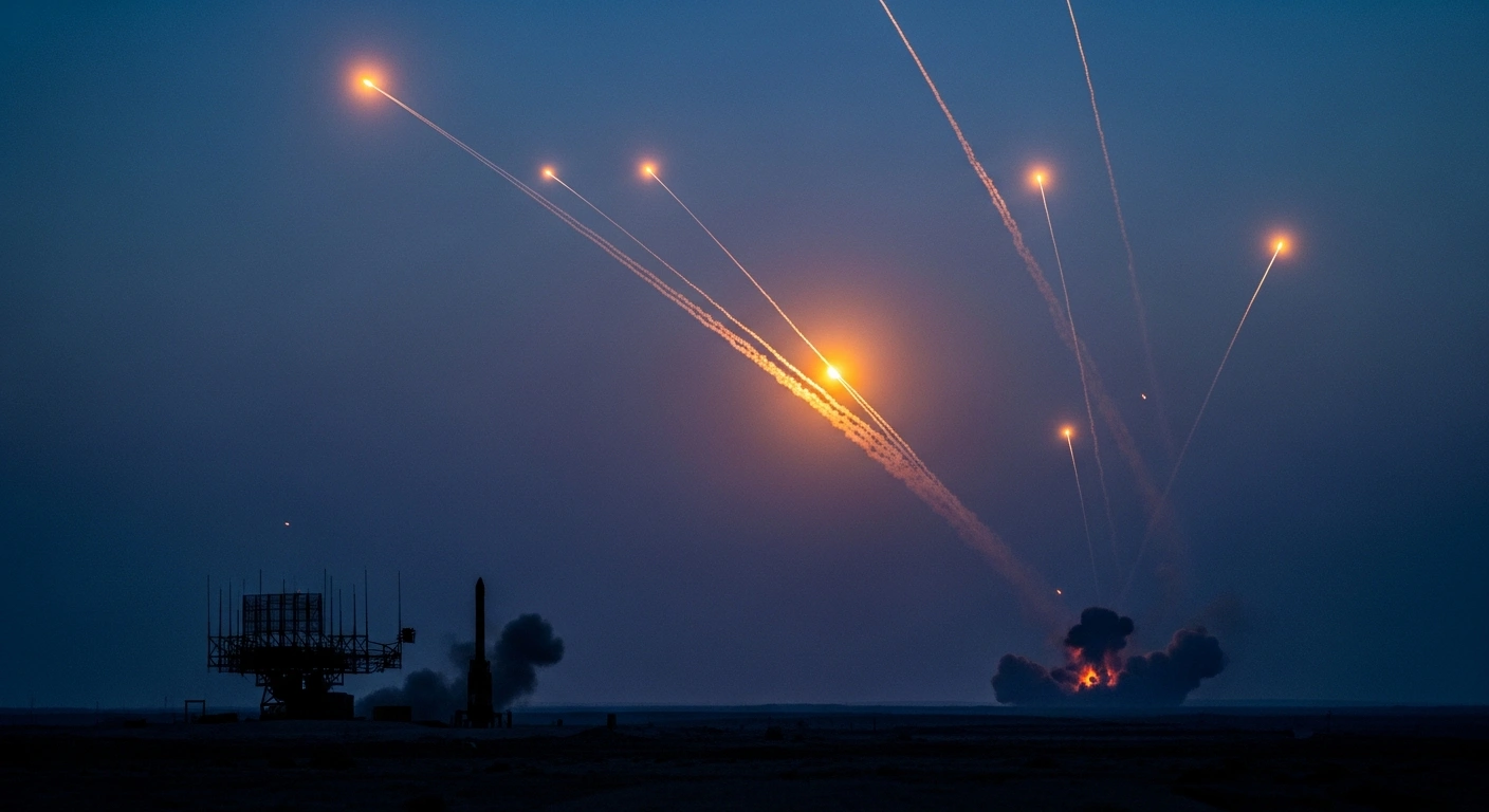 A dramatic night scene shows missile trails streaking across the sky above a military radar installation following an exchange of fire between U.S. and Iranian forces.