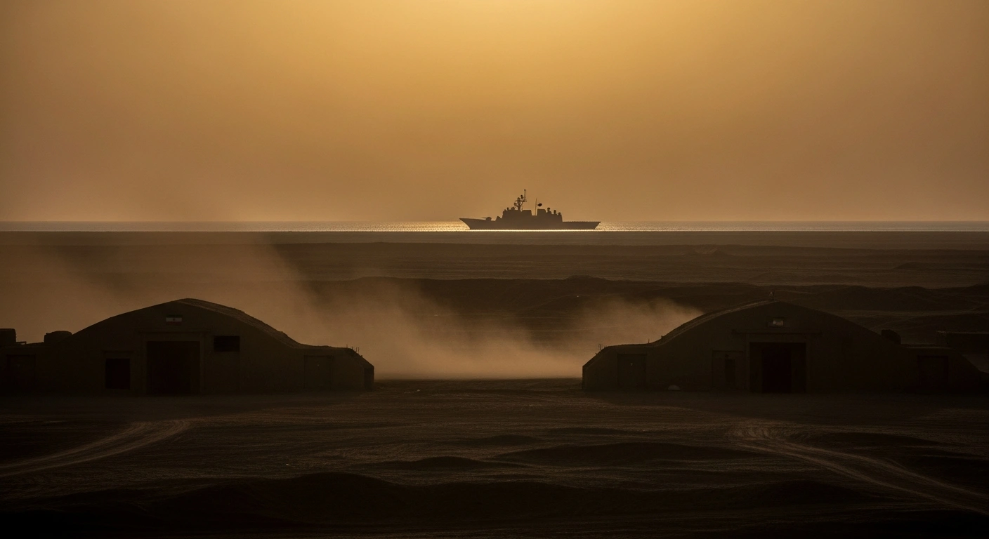 A wide shot depicts a desolate desert landscape at twilight, featuring the silhouette of a US naval vessel or fighter jet on the distant horizon, juxtaposed with the fortified entrances of an Iranian military installation in the foreground, symbolizing escalating military tensions between the US and Iran.
