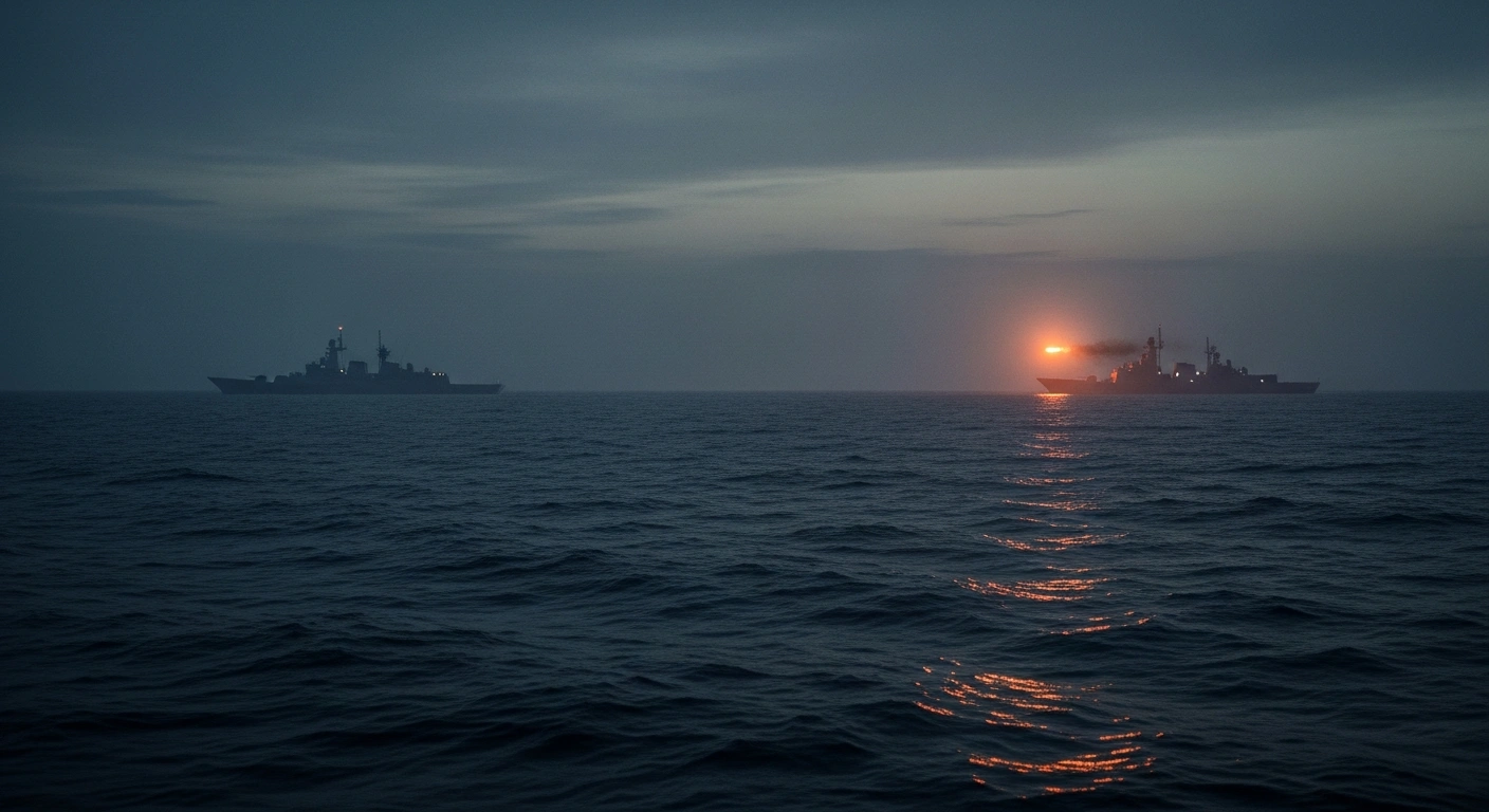 Two warships face each other in the dark waters of the Gulf of Oman during a period of rising tensions between the United States and Iran.