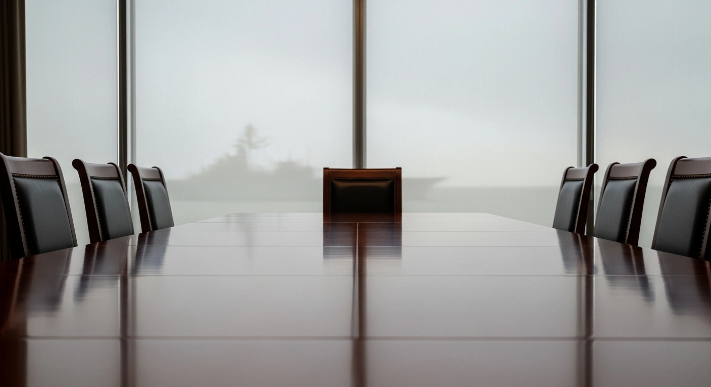 A dimly lit, formal conference room features a polished mahogany table with two sets of empty chairs facing each other, and a smaller mediating chair at the head, symbolizing indirect US and Iranian nuclear talks in Geneva amidst geopolitical tensions and military buildup.