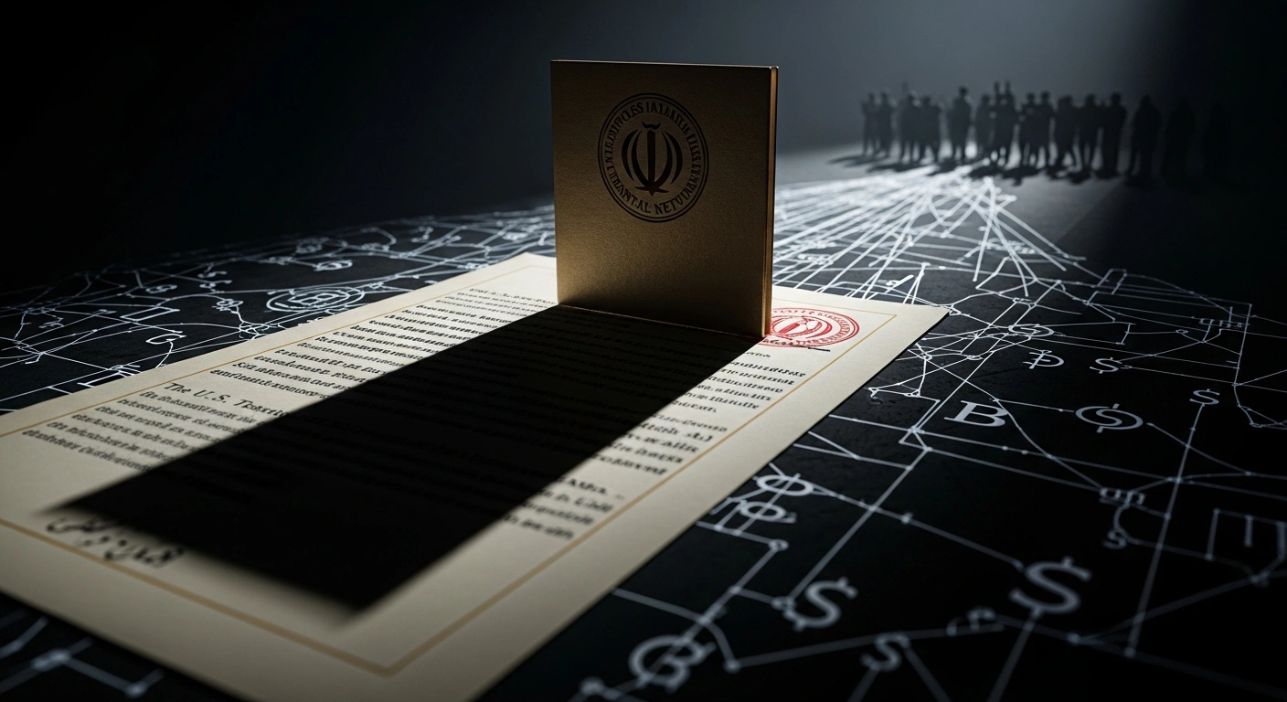A dramatic, high-contrast image shows an official document or seal casting a long shadow over a glowing, intricate network of financial symbols, with faint silhouettes of a distressed crowd in the background, representing U.S. sanctions against Iranian officials and financial networks involved in human rights abuses and oil revenue laundering.