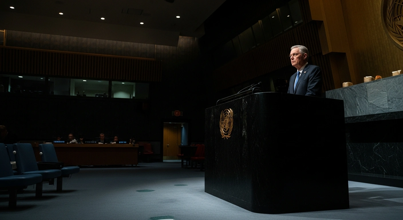 A stern-faced diplomat stands at a podium under a spotlight in the United Nations Security Council chamber, representing the United States' concerns over Iran's violent crackdown on protesters and the implied threat of military intervention.
