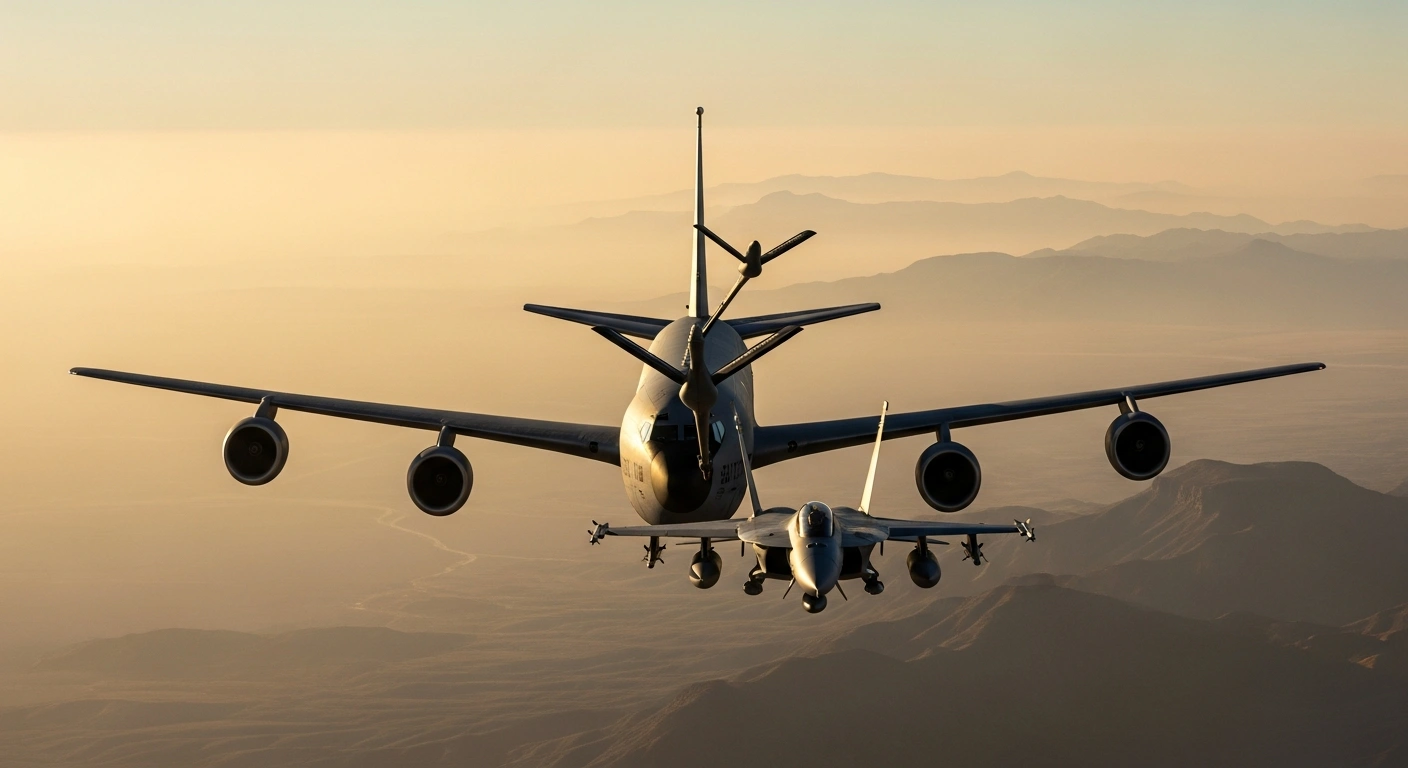 A United States military aerial refueling tanker flies over a desert landscape to support Israeli defense operations.