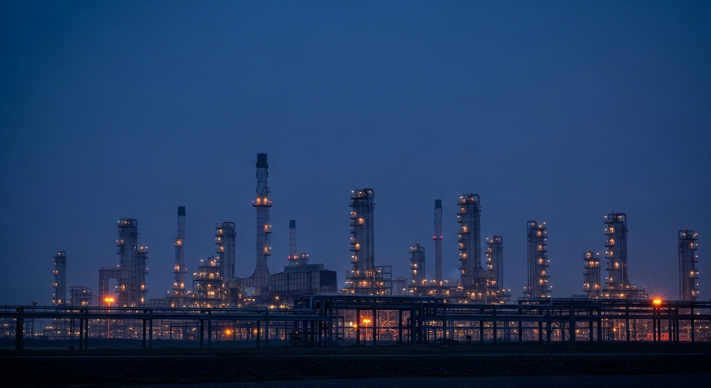 An industrial oil refinery complex stands under a dark twilight sky as the United States and Israel discuss potential military options regarding Iranian energy infrastructure.