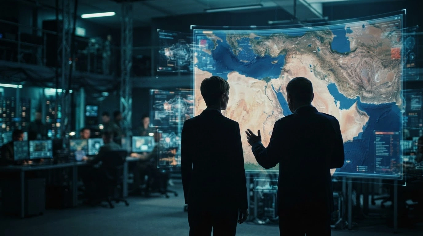 Two officials stand in a high-tech command center reviewing a digital map of the Middle East to discuss strategic security coordination between the United States and Israel.
