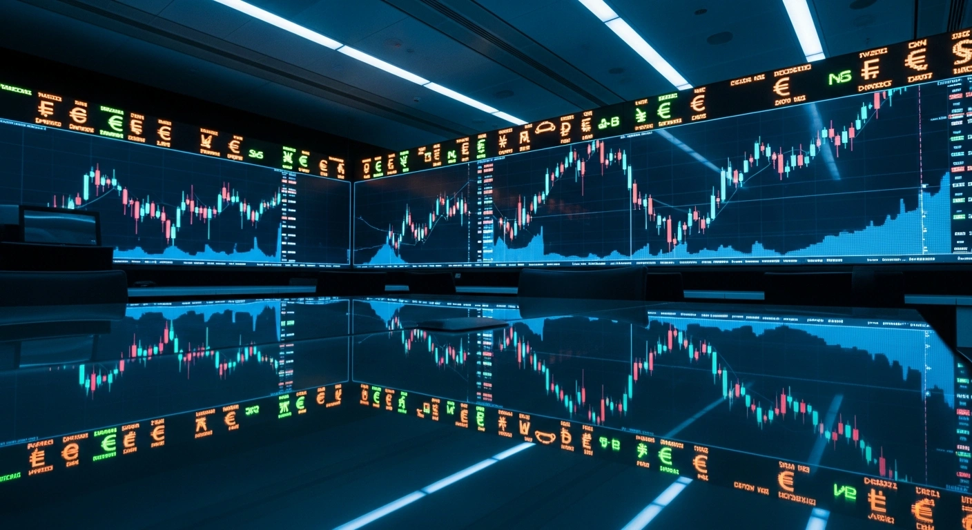 A modern financial trading floor displays digital charts representing the coordinated currency market intervention between the United States and Japan to stabilize the yen.