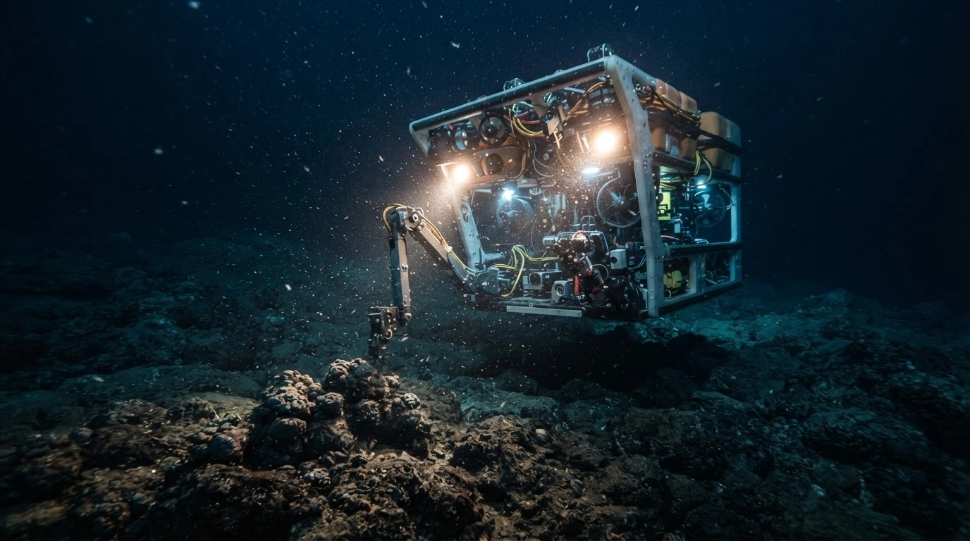 A high-tech underwater vehicle explores the deep-sea floor near Minamitorishima as part of a joint United States and Japan rare earth mineral mining initiative.