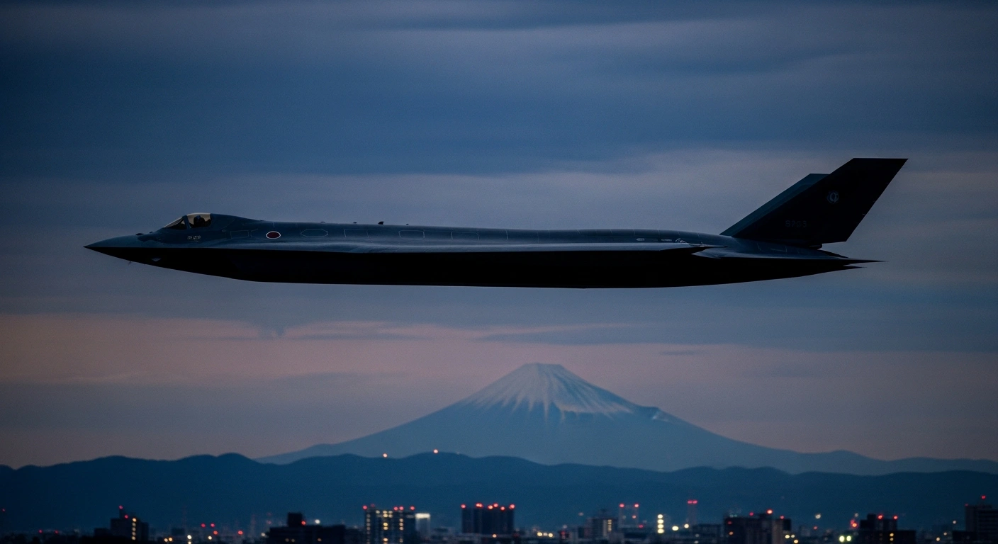 A powerful silhouette of a stealth bomber against a twilight sky, with Mount Fuji in the background, symbolizing the United States' commitment to defend Japan with its full range of capabilities, including nuclear weapons, amidst growing regional tensions from China and North Korea.