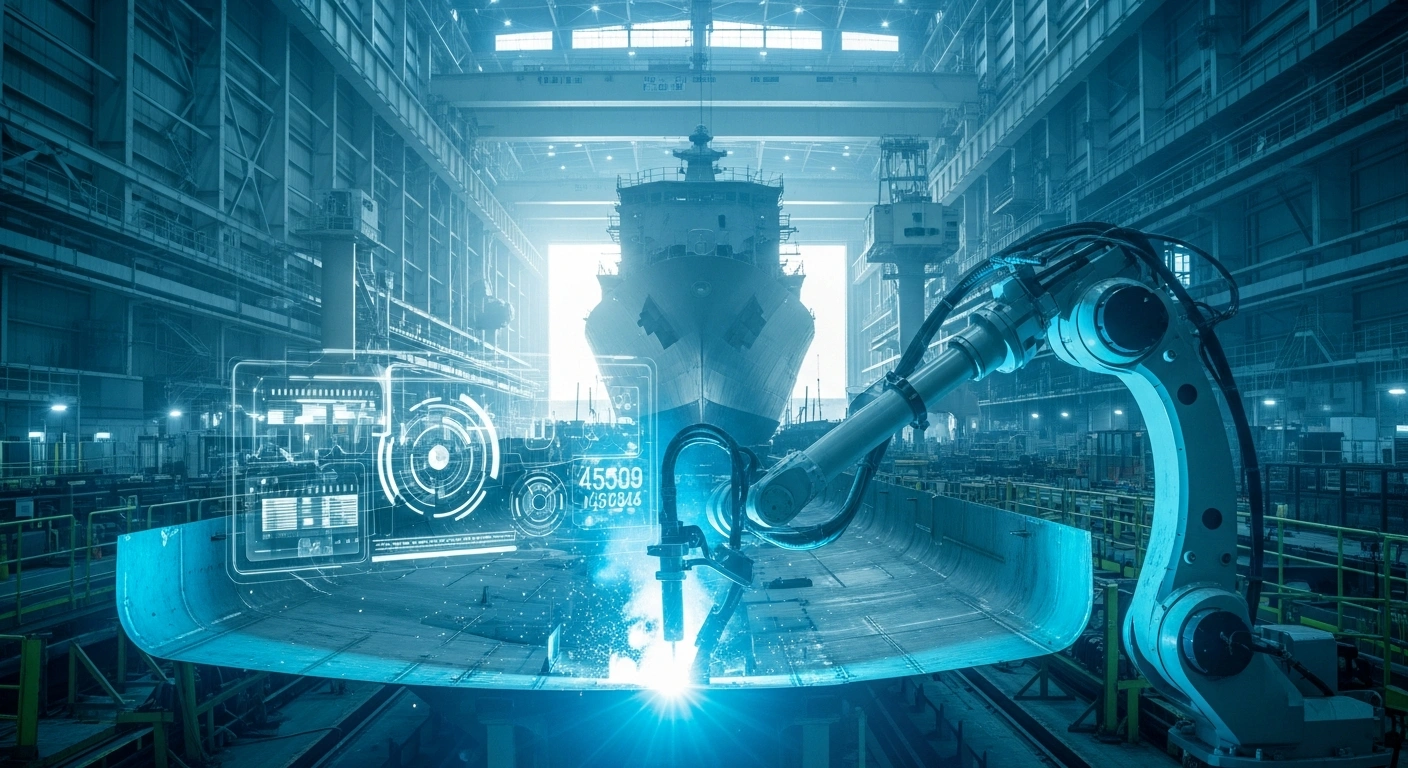 A robotic arm uses advanced technology to weld a steel ship hull as part of a U.S. and Japanese partnership to modernize American shipbuilding.
