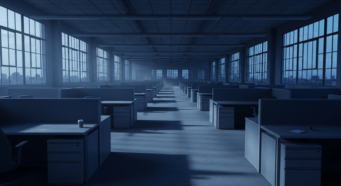 A deserted, dimly lit office floor with rows of empty cubicles, illuminated by the cold, blue light of a pre-dawn sky filtering through large windows, symbolizing U.S. private employers cutting 32,000 jobs in September 2025 and a cooling labor market.
