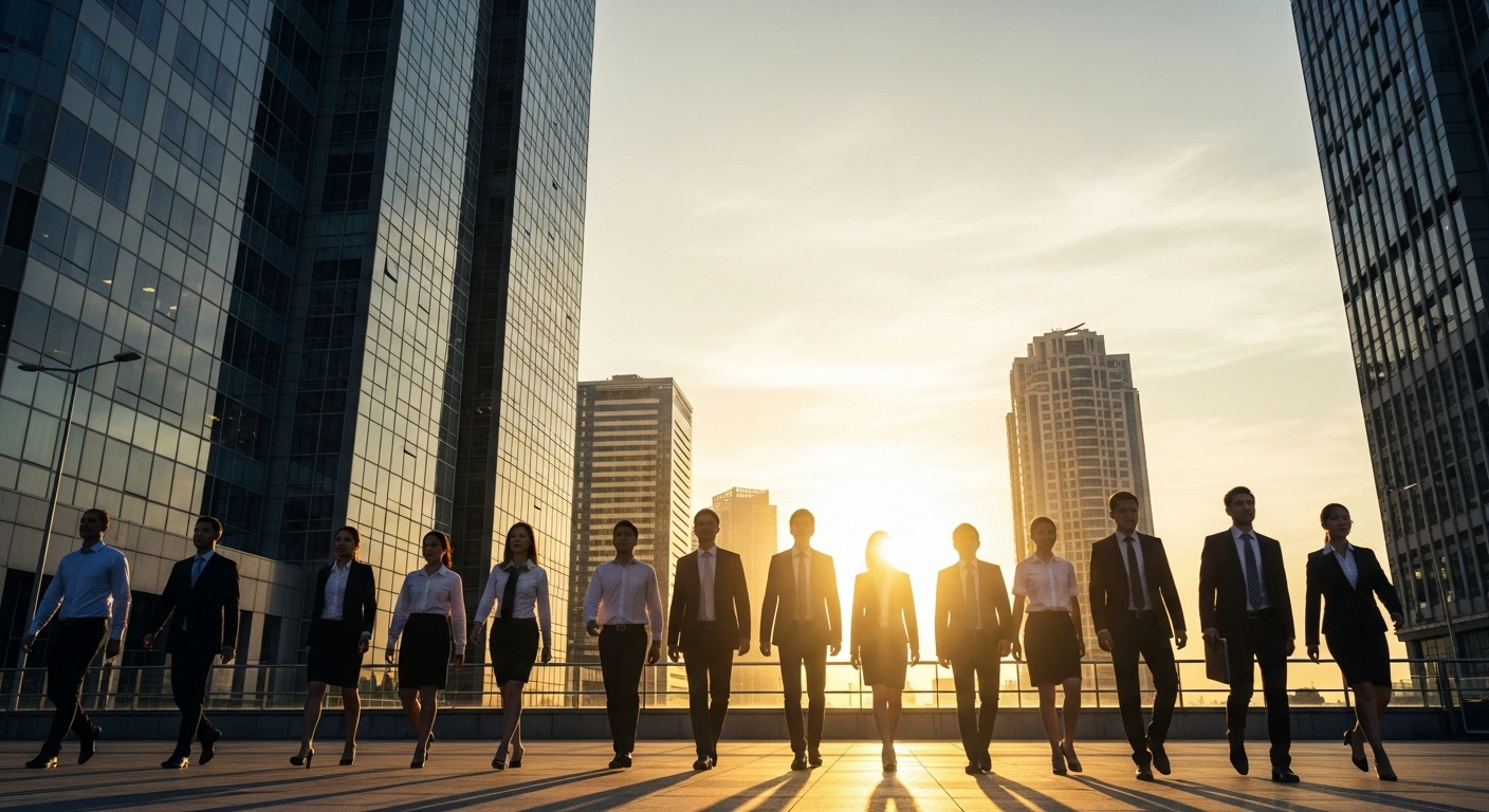 A wide-angle, low-angle shot of a modern city skyline at dawn, bathed in golden light, with diverse professionals confidently striding forward, symbolizing the robust U.S. labor market that added 130,000 nonfarm payroll jobs in January 2026, lowering the unemployment rate to 4.3%.