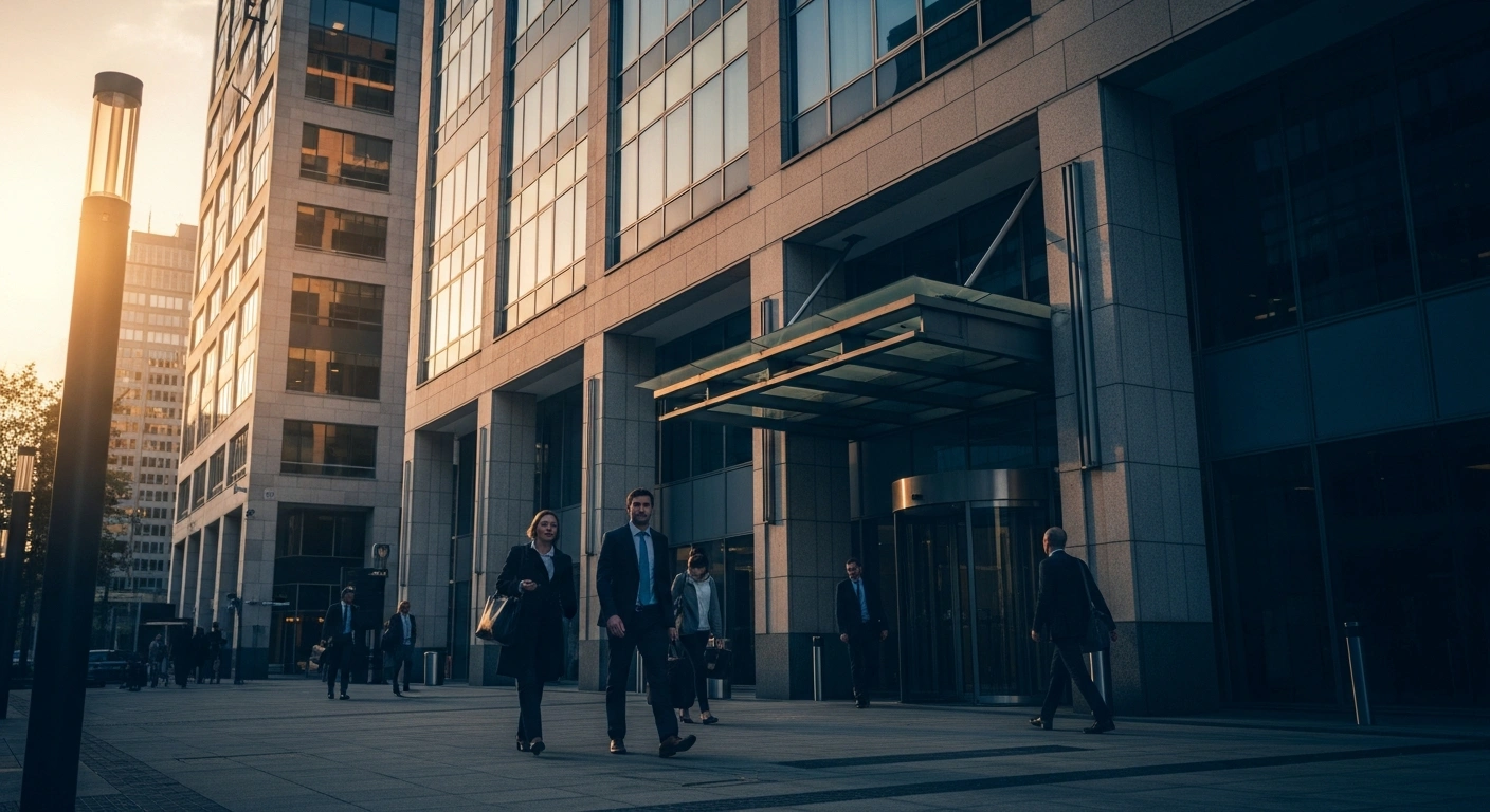 A group of professional workers walks toward a modern office building, representing the stability of the American labor market as unemployment benefit applications decline.