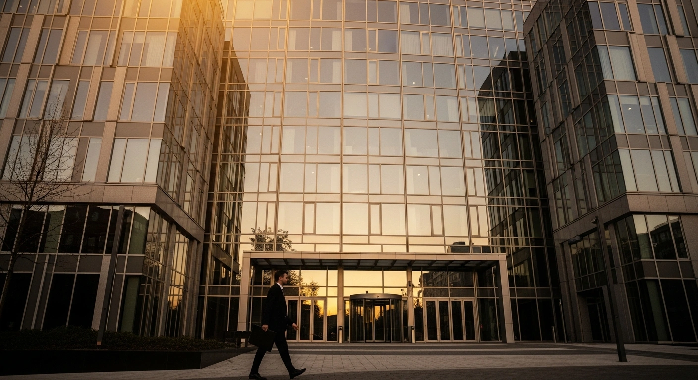 A modern office building stands in the morning light, representing the stability of the U.S. labor market as initial jobless claims decline.