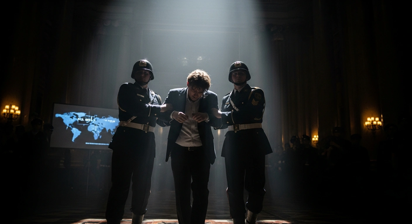 A dramatic, low-angle photograph depicts Venezuelan President Nicolás Maduro being escorted by uniformed US agents through a grand, dimly lit hall, symbolizing his capture and the international condemnation from Russia, China, and Iran regarding the US military operation.