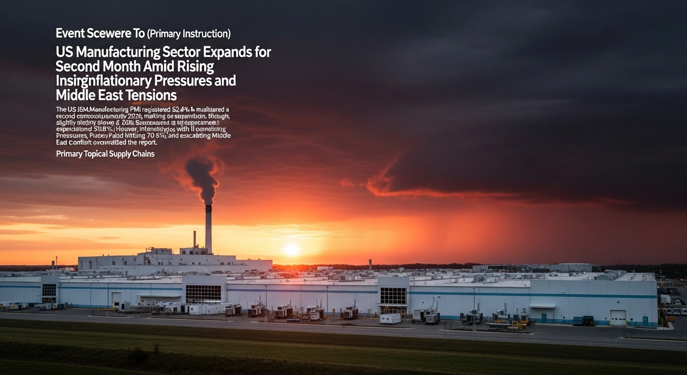 A modern manufacturing plant, illuminated by the warm light of dawn, stands in stark contrast to a distant horizon filled with dark, fiery red clouds, symbolizing intensifying price pressures and concerns over the escalating Middle East conflict amidst a period of manufacturing expansion.