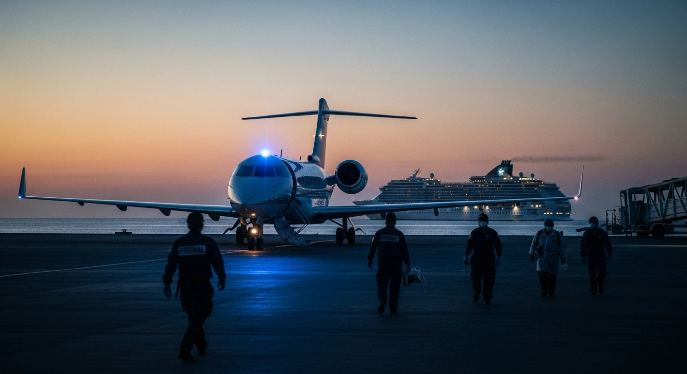 A medical evacuation aircraft stands ready on a tarmac as federal authorities coordinate the repatriation of American citizens from a cruise ship during a health crisis.
