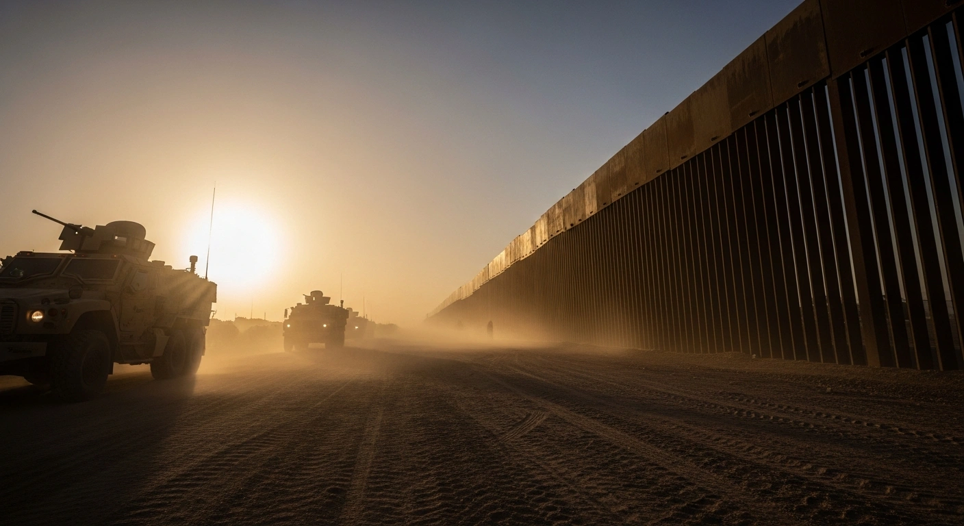 A wide, low-angle shot of a towering border wall stretching into a desolate, dust-choked desert landscape under a blood-orange sun, with blurred silhouettes of military vehicles in the foreground, symbolizing the escalating US anti-narcotics efforts against Mexican cartels and Mexico's rejection of foreign military intervention.
