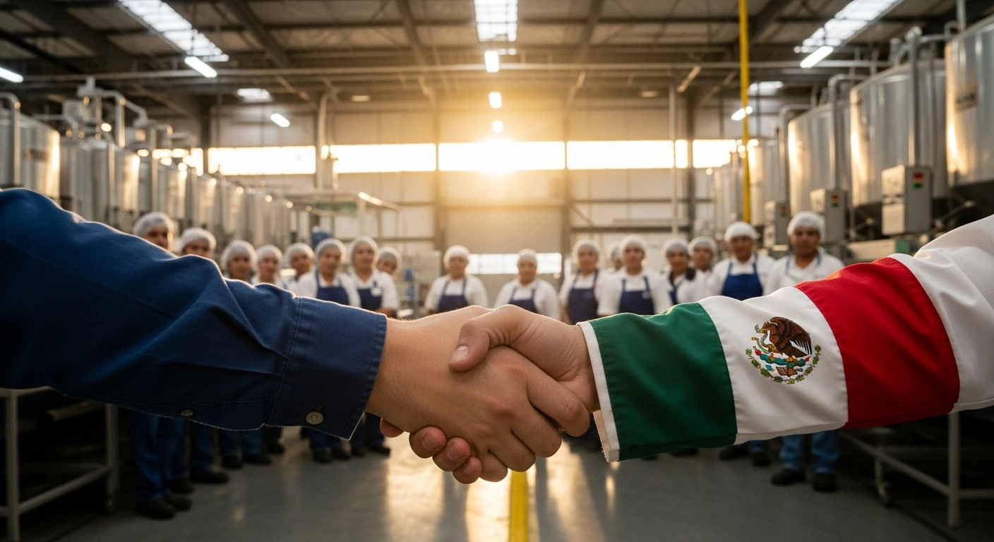 A symbolic image depicting a firm handshake between a representative of the United States and Mexico inside a food processing facility, signifying the finalized remediation plan for labor rights violations at the Alimentos Grole pork and chicken processing facility in Ciudad Obregón, Sonora, reached under the USMCA's Rapid Response Labor Mechanism.