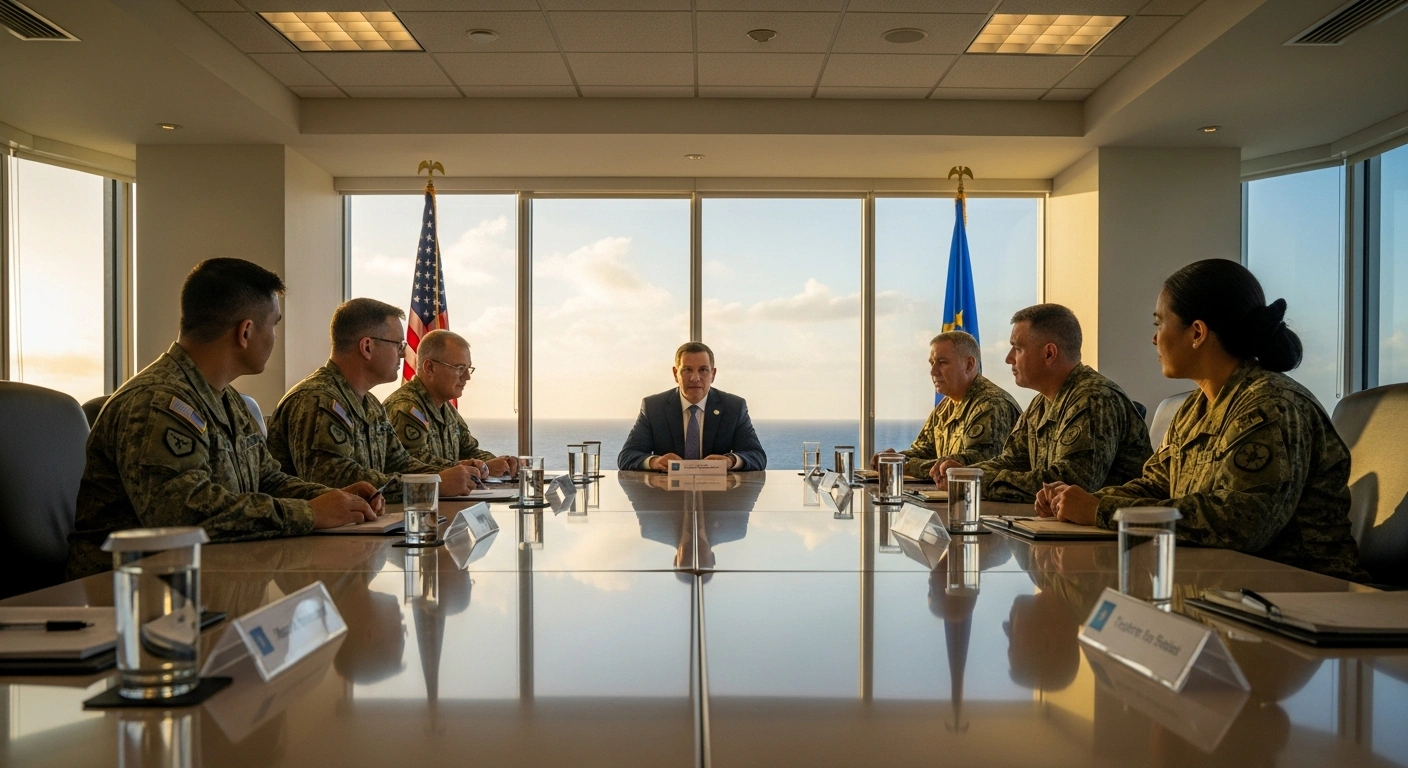 Officials from the US Indo-Pacific Command and the Federated States of Micronesia are shown in a modern conference room in Guam, engaged in discussions about enhancing regional security, defense, and cooperation under the Compact of Free Association, with a view of the Pacific Ocean.