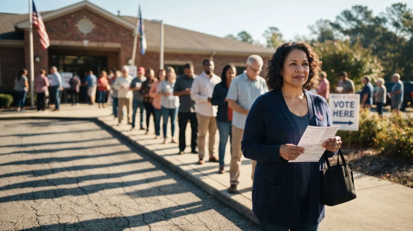 Voters stand in line at a polling station in the United States to cast their ballots during the midterm primary elections.