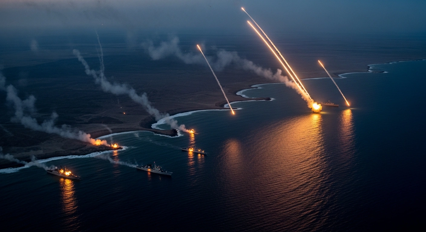 United States military airstrikes target missile launch sites and naval vessels in southern Iran during a nighttime operation.