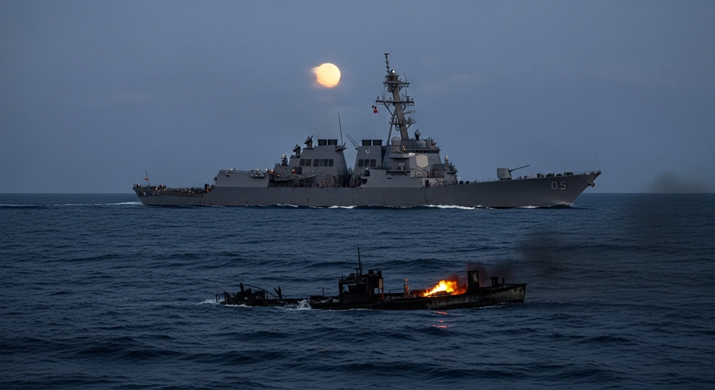 A U.S. Navy destroyer is silhouetted against a twilight sky in the eastern Pacific Ocean, with the smoldering, fragmented remains of a smaller, low-profile vessel in the foreground, depicting the aftermath of a lethal strike on a drug trafficking vessel.