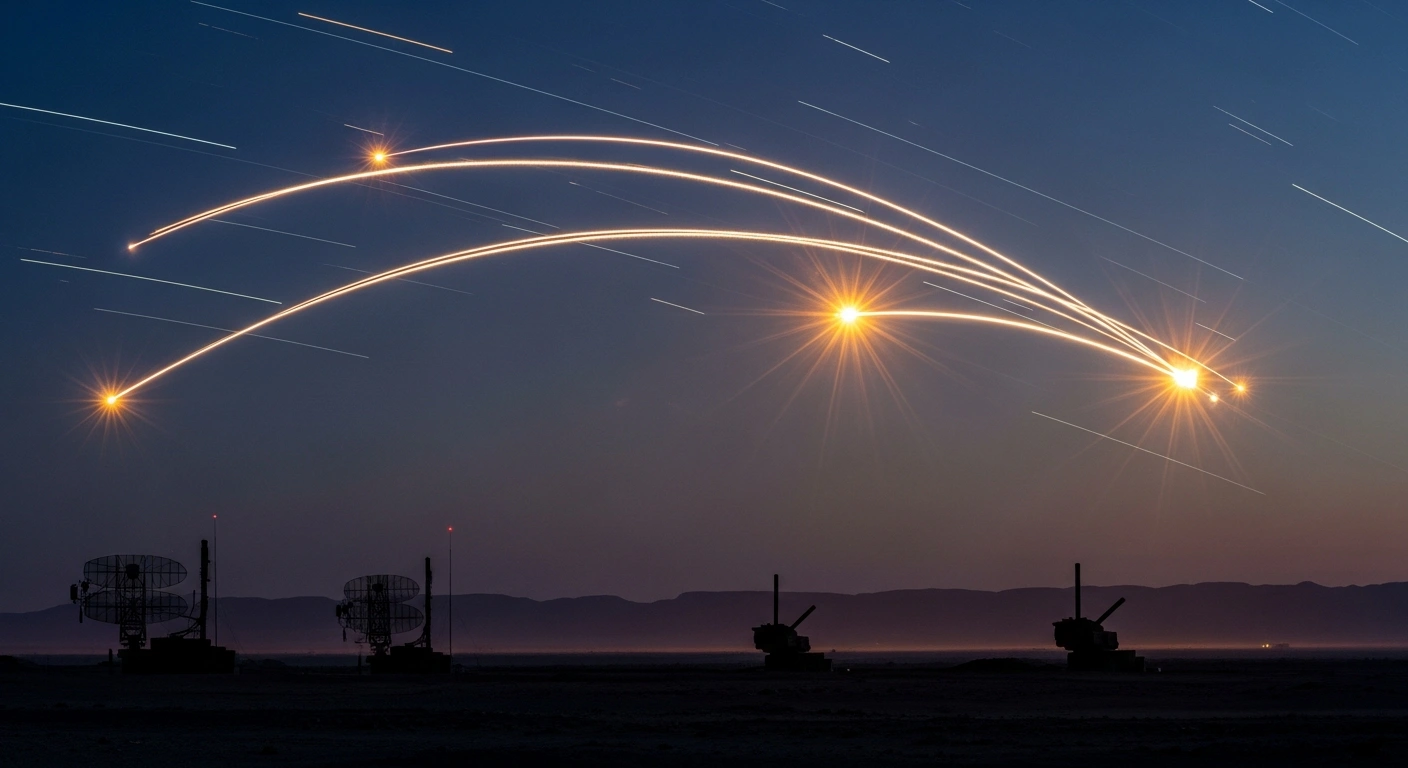 U.S. military defense systems intercept ballistic missiles in the night sky over a desert landscape.
