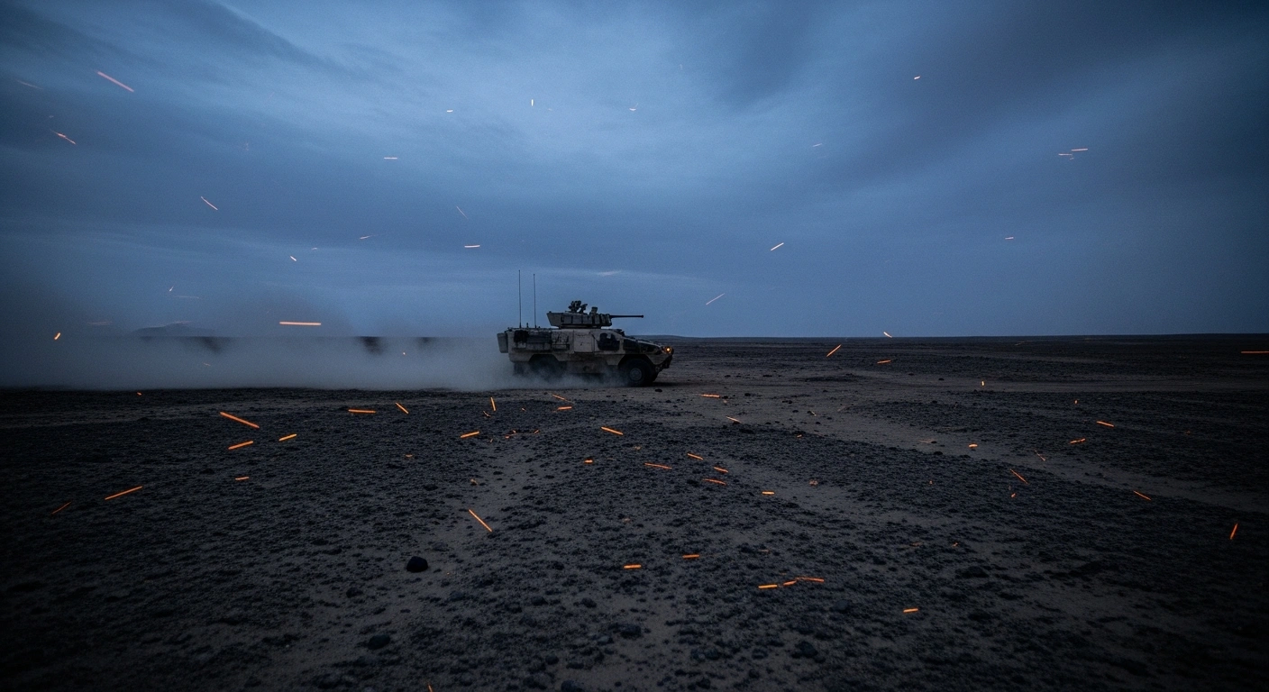 A wide, low-angle shot of a heavily armored military vehicle, partially obscured by dust and showing signs of impact, under a bruised, pre-dawn sky in a desert landscape, symbolizing the first American military casualties in the U.S.-Israeli campaign against Iran.