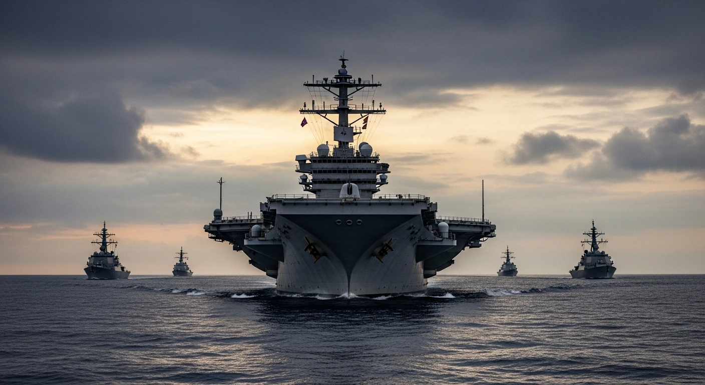 A low-angle, wide shot depicts the USS Gerald R. Ford aircraft carrier leading a formation of U.S. naval vessels through steel-grey waters under a dramatic, brooding sky, symbolizing military readiness for potential operations against Iran.
