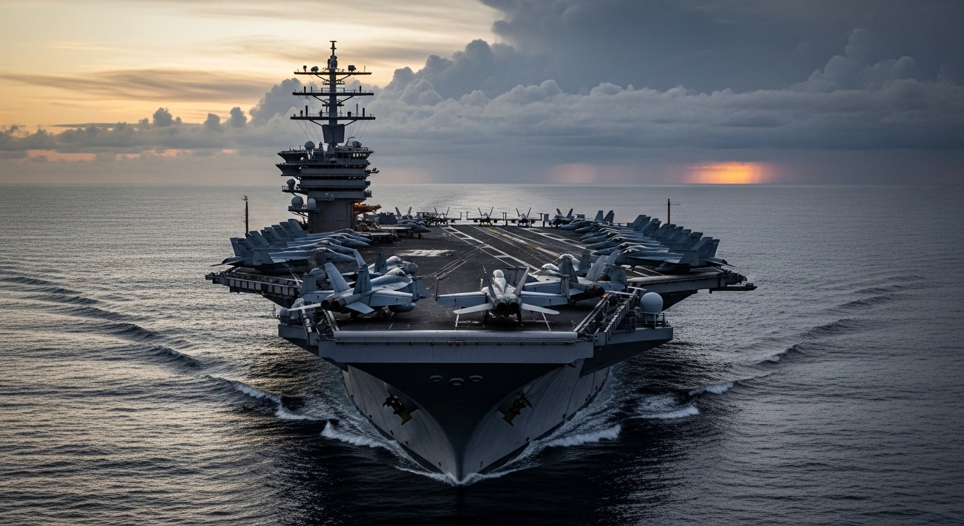 A wide, low-angle shot of a US aircraft carrier at twilight, its deck filled with F-18 fighter jets, sailing on a steel-grey sea under an ominous sky, symbolizing the increased US military presence near Iran following failed nuclear talks.