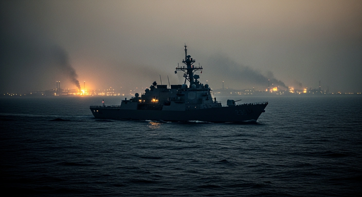 A US naval destroyer patrols the sea near the Middle East as military operations against Iran continue to impact regional infrastructure.