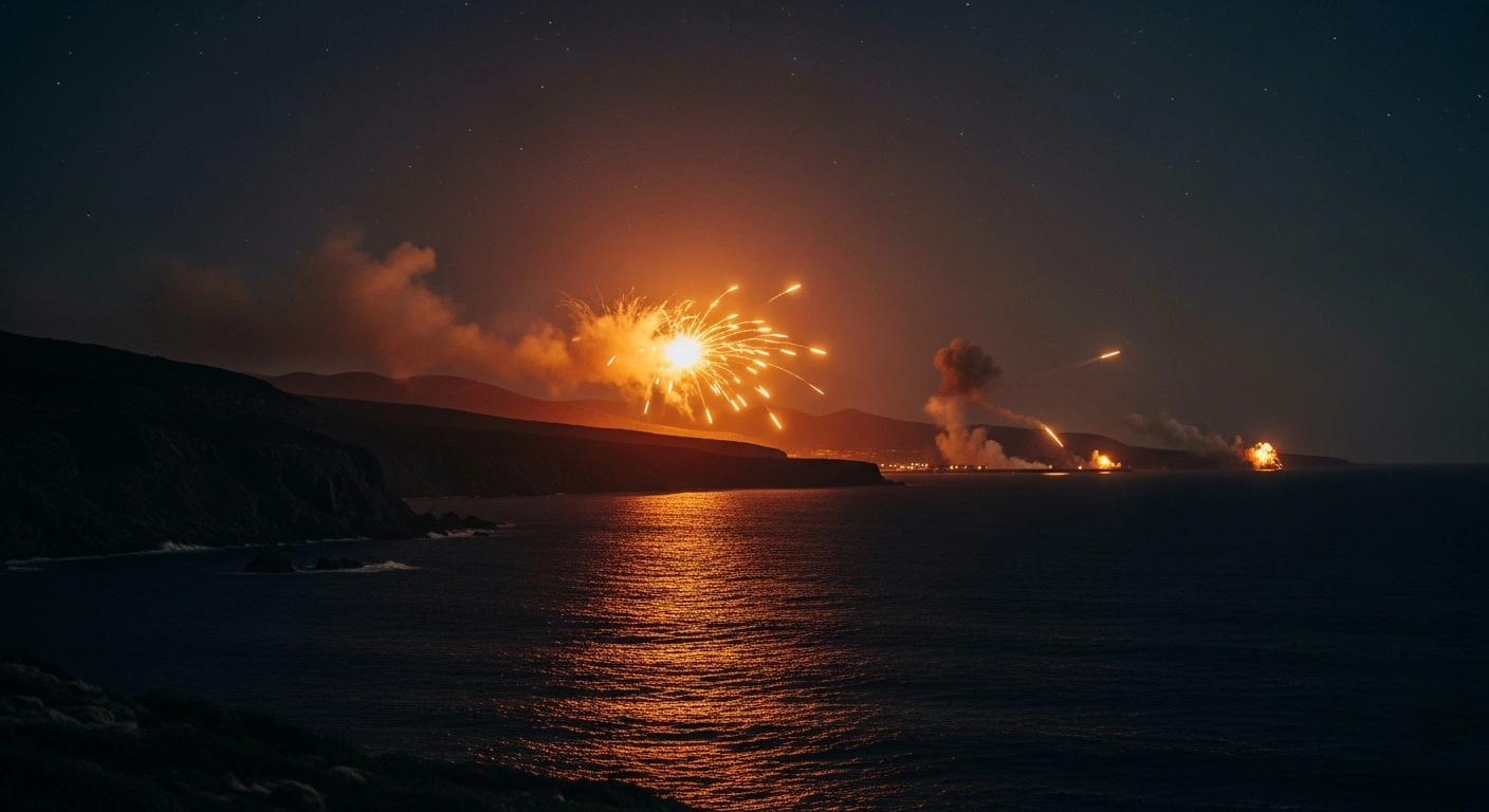 A night view of precision military strikes targeting coastal infrastructure to secure maritime routes.