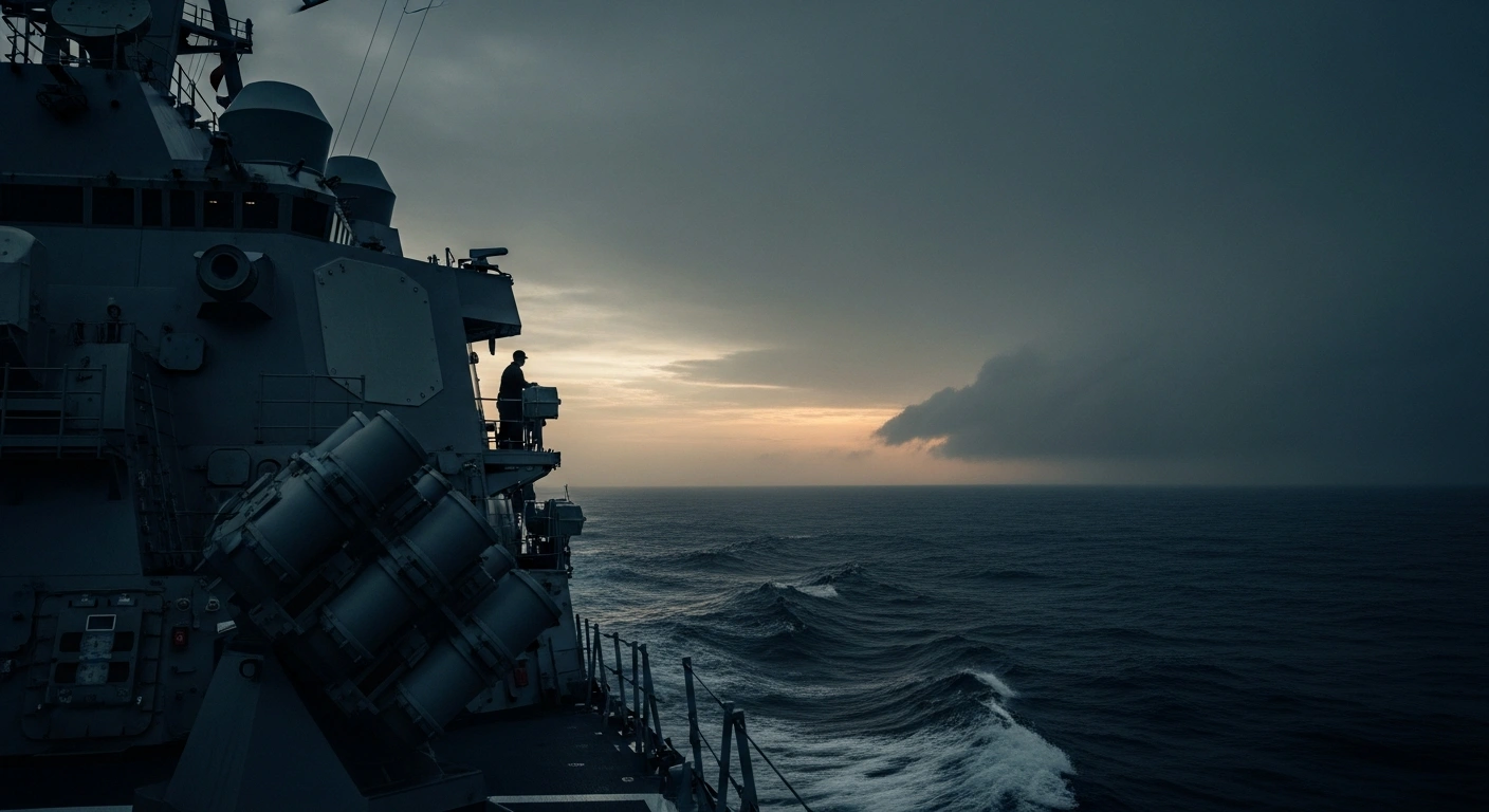 A US Navy warship patrols turbulent waters as a symbol of military readiness following warnings from Defense Secretary Pete Hegseth regarding potential strikes against Iran.