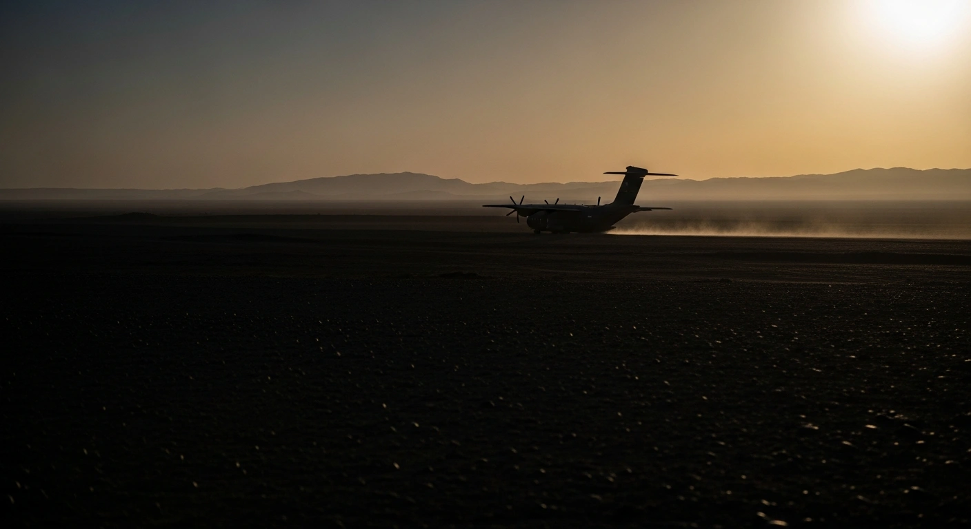A military transport plane flies over a desert landscape as the United States considers a reduction of its military operations in the Middle East.