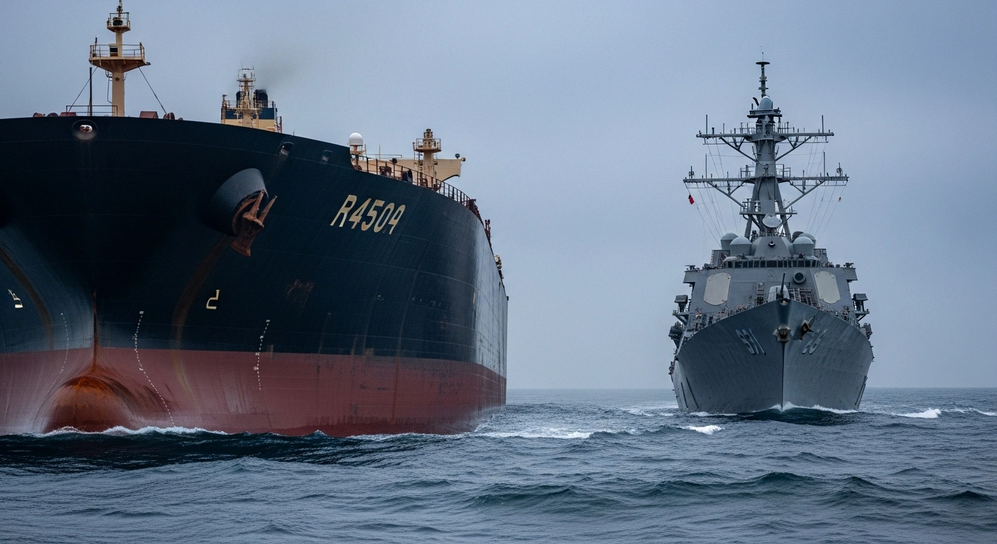 A United States Navy destroyer, illuminated by searchlights, is positioned alongside a large, rust-streaked Russian-flagged oil tanker in the choppy waters of the North Atlantic, depicting the seizure of the vessel for alleged violations of Venezuelan oil sanctions.