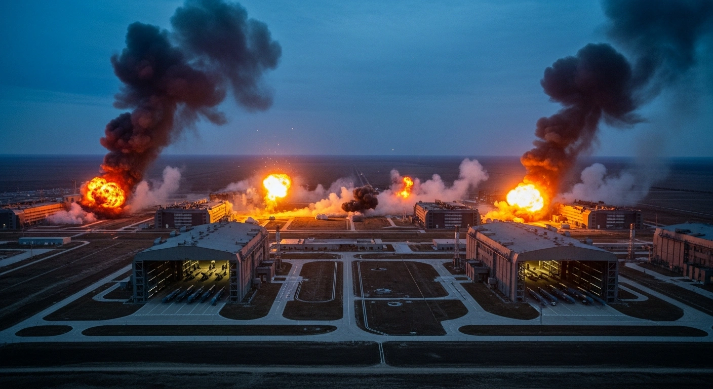 A wide aerial view shows a sprawling Iranian military facility engulfed in flames and smoke following precision strikes by American forces.