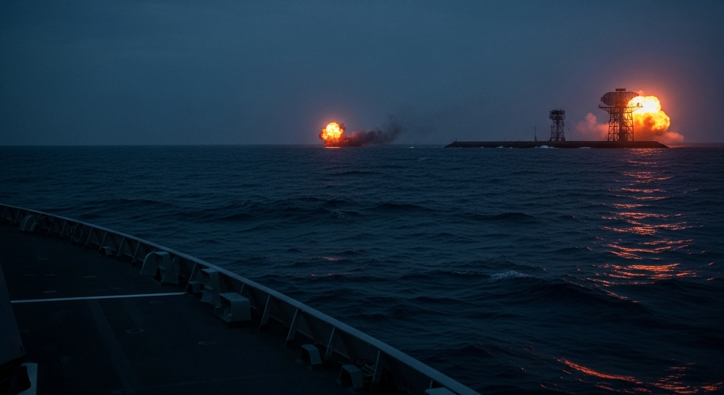 A precision military strike hits an Iranian coastal radar site near the Strait of Hormuz during a nighttime operation.
