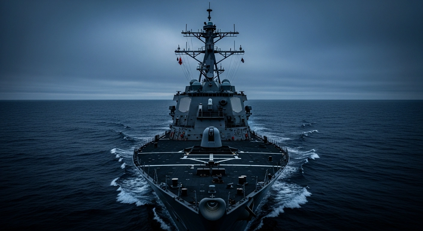 A US Navy destroyer sails through dark, turbulent waters as the administration signals potential military action against Iran amid rising Middle East tensions.
