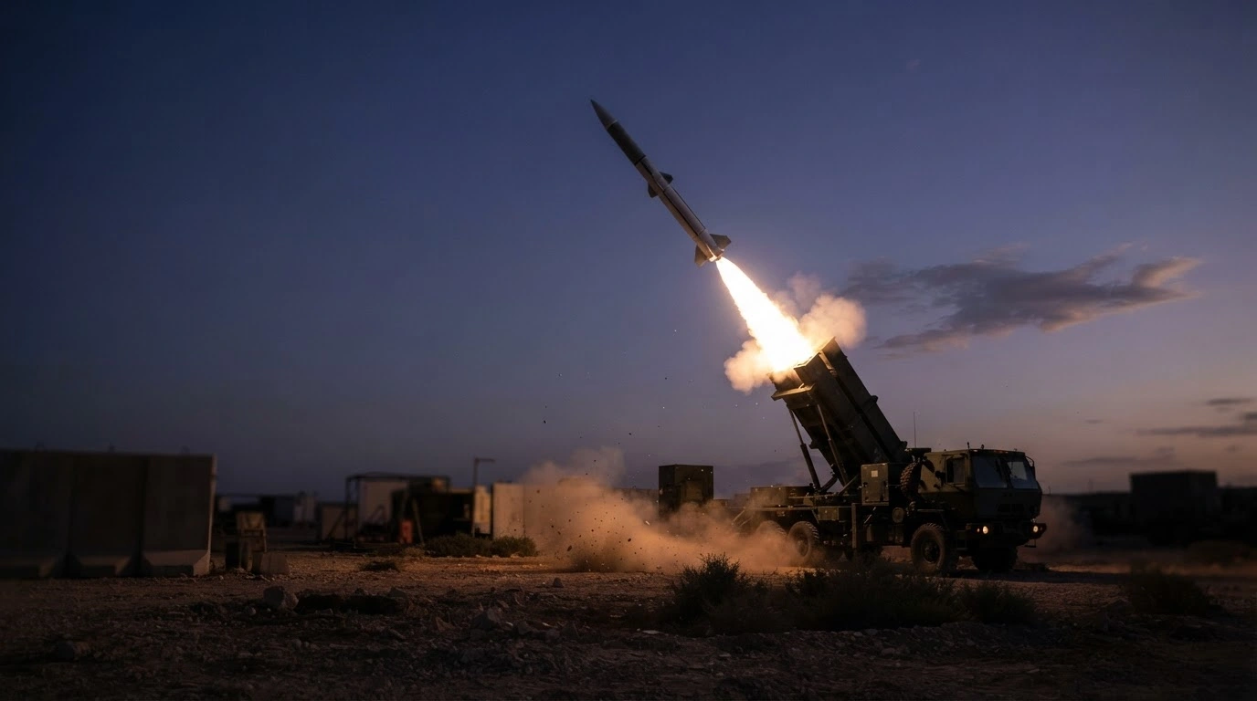 An advanced U.S. missile interceptor launches into the sky, representing the strain on military stockpiles and air defense systems.