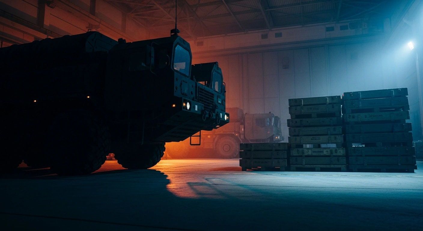 A military hangar at dusk shows empty storage crates and a transport vehicle, highlighting concerns over the depletion of US long-range precision missile stockpiles.